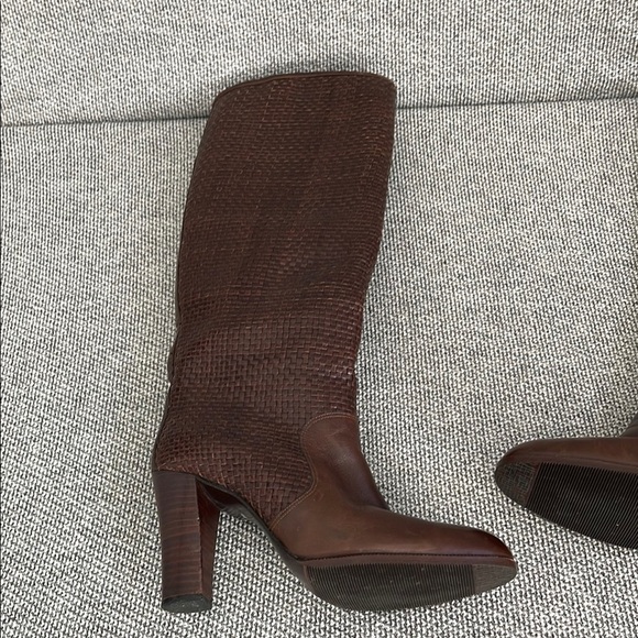 Made In Spain for RAYLEY LTD. Woven Brown Heeled Boots with Chunky High Heels - Picture 12 of 16